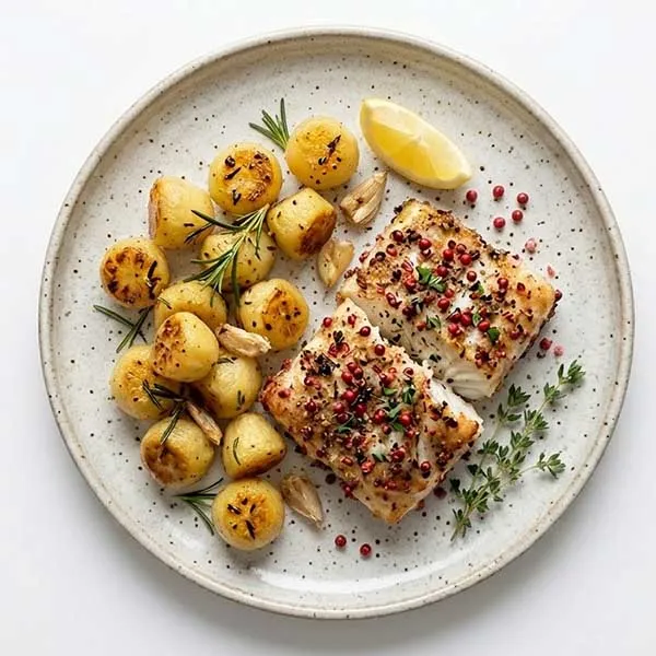 Pink pepper crusted fish with garlic chateaux potatoes